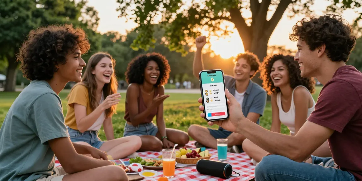 Friends discussing their attractiveness test results outdoors in a park during sunset.