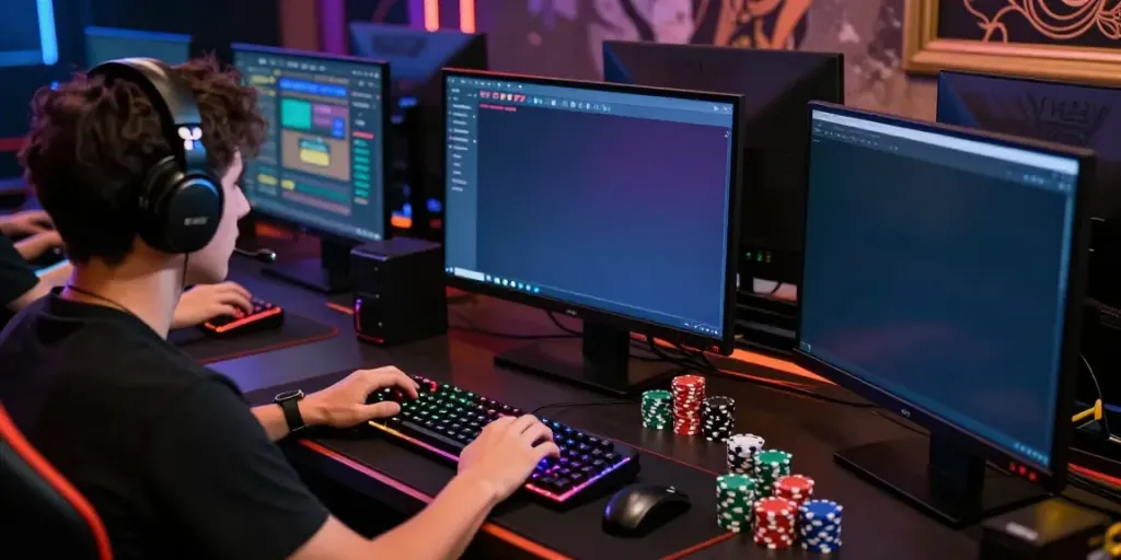 Engaging player interacting with situs slot777 gaming interface at a dynamic online gaming setup.