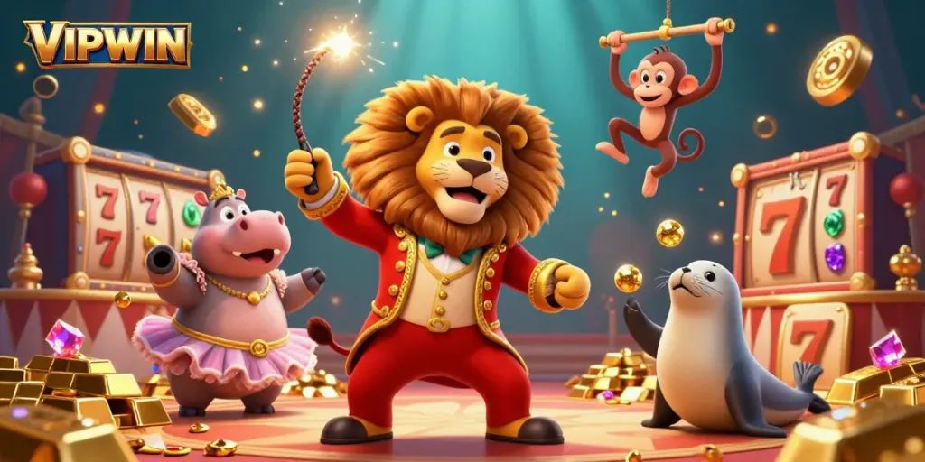 Engage with VIPWIN's vibrant circus-themed gaming adventure featuring a lion, hippo, monkey, and seal.