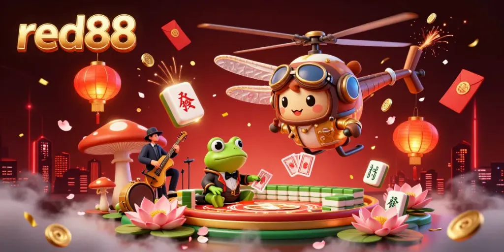 Engage in exhilarating gaming with red88, featuring a dragonfly pilot and frog dealer in a lively casino scene.