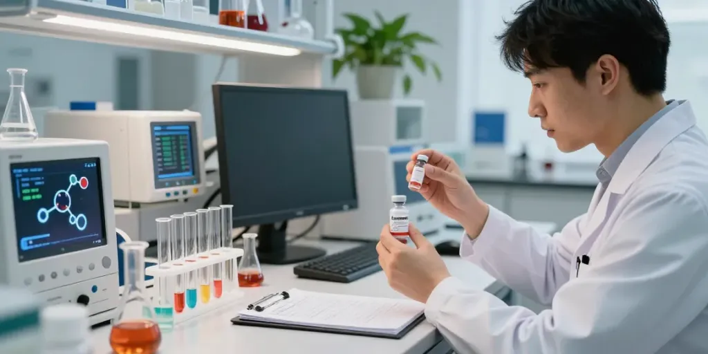 Researchers in a lab examining Epithalon peptide during a study.