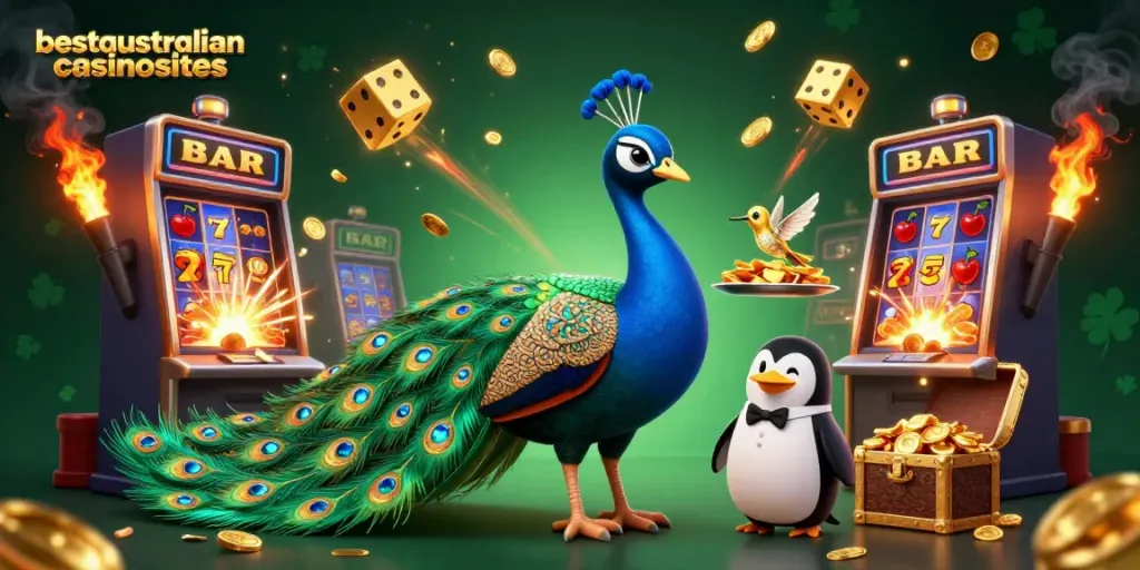 Play at real money casinos with best Australian sites, featuring a vibrant 3D casino scene.