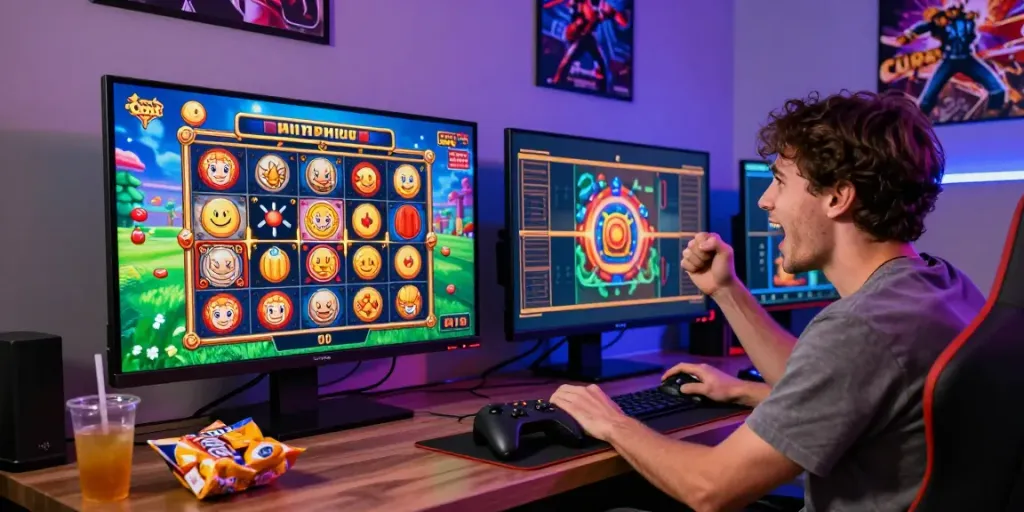 bigdewa user enjoying an exciting online slot game in a vibrant gaming room.