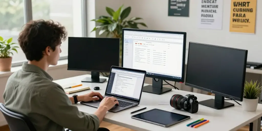 AI assisted content creation in a lively digital marketing office with analytics and creative tools.