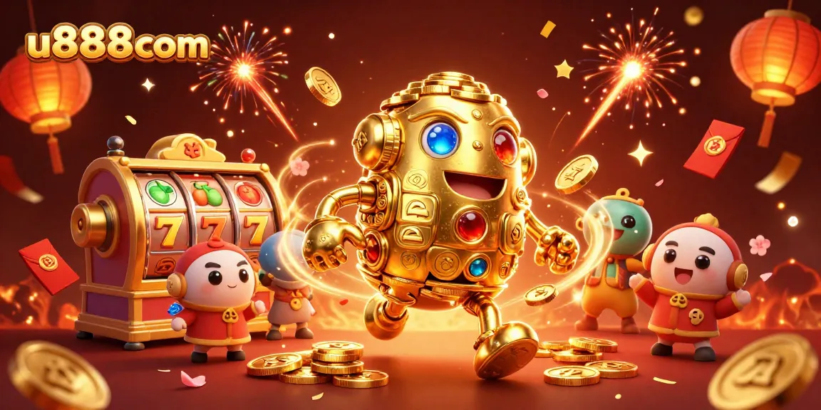 u888com brings excitement with a golden golem and dynamic slot machine elements in a vibrant scene.