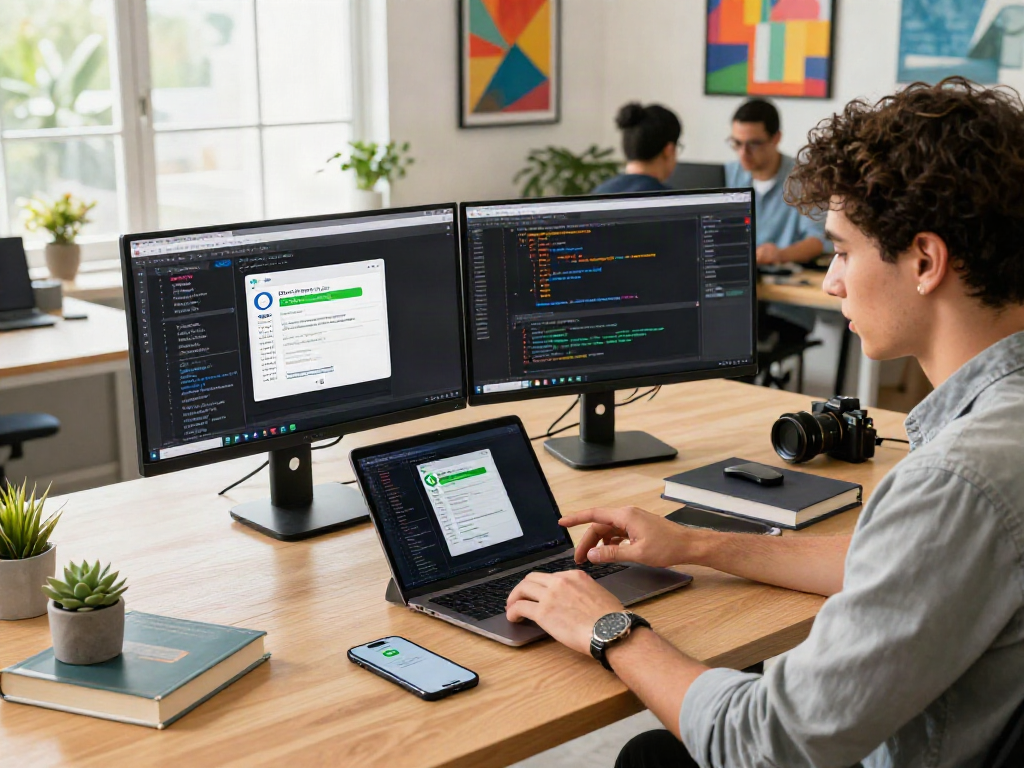 Developer interacting with GB WhatsApp on laptop in modern workspace, showcasing the tech environment.