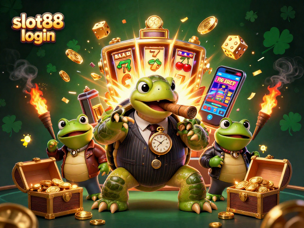 Experience the excitement of slot88 login with a vibrant 3D scene filled with jackpot winnings and playful characters.