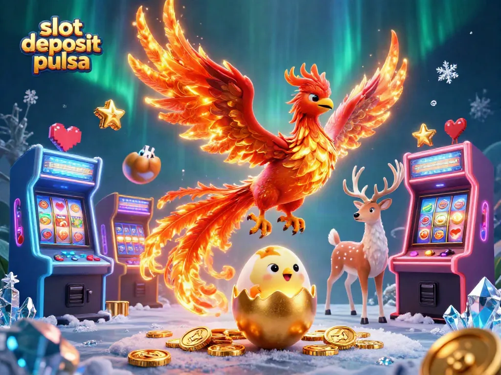 Experience the thrill of slot deposit pulsa with vibrant gaming icons and mystical elements in a captivating casino scene.