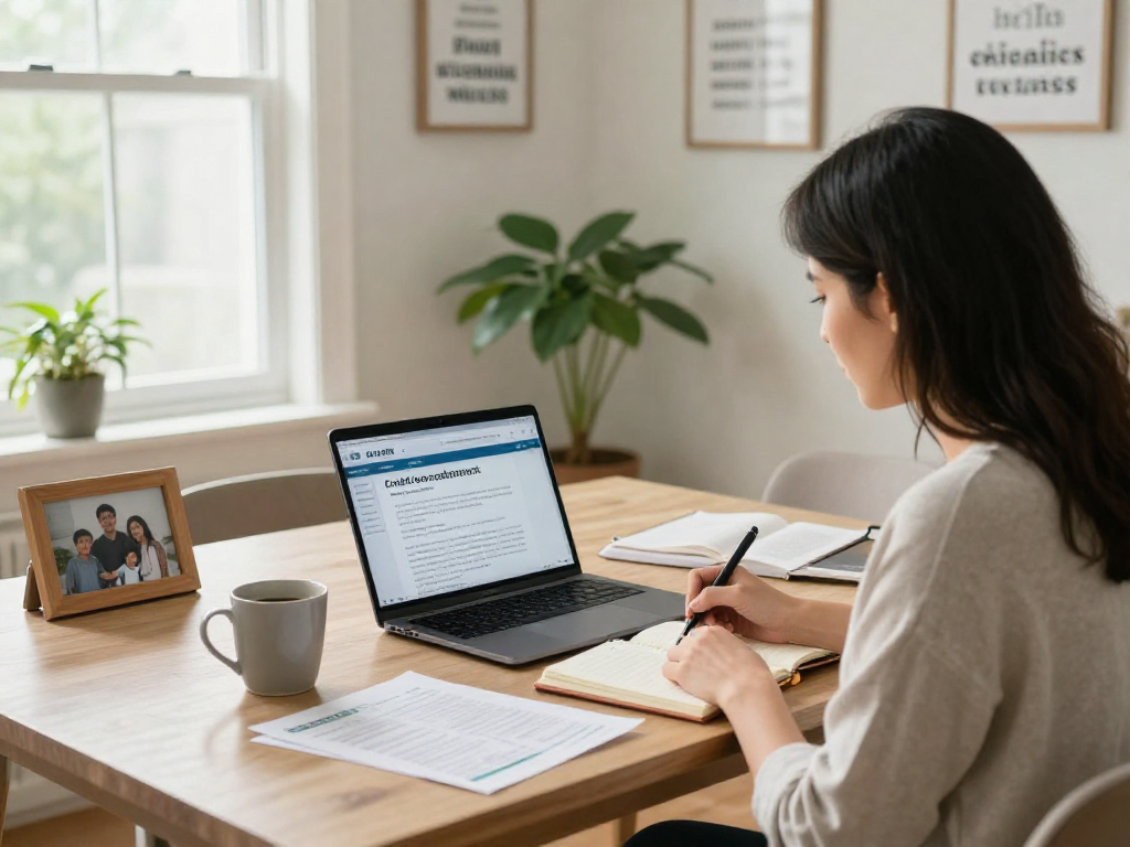 A woman exploring credit consolidation options at home, surrounded by financial documents and a laptop, reflecting a calm and focused atmosphere.