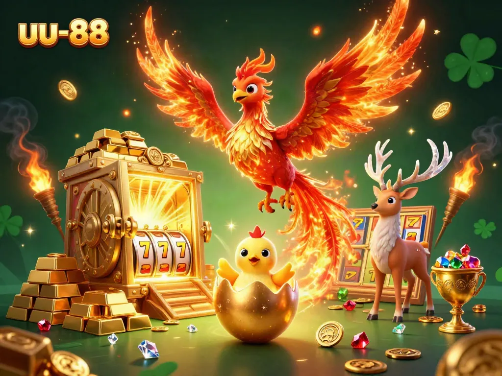 Engage with uu-88 and win lavish rewards in a vibrant casino scene featuring mystical creatures and gold treasures.