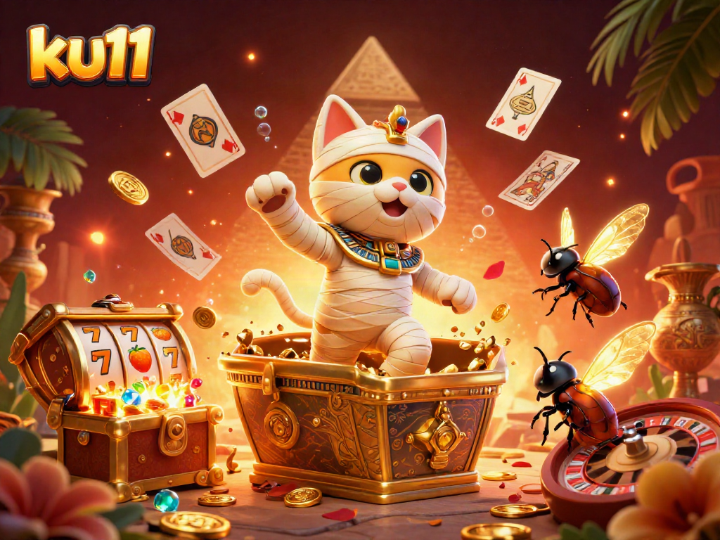 Engage with the ku11 pyramid casino scene featuring a mummy cat and a scarab beetle in a dynamic, vibrant gambling atmosphere.