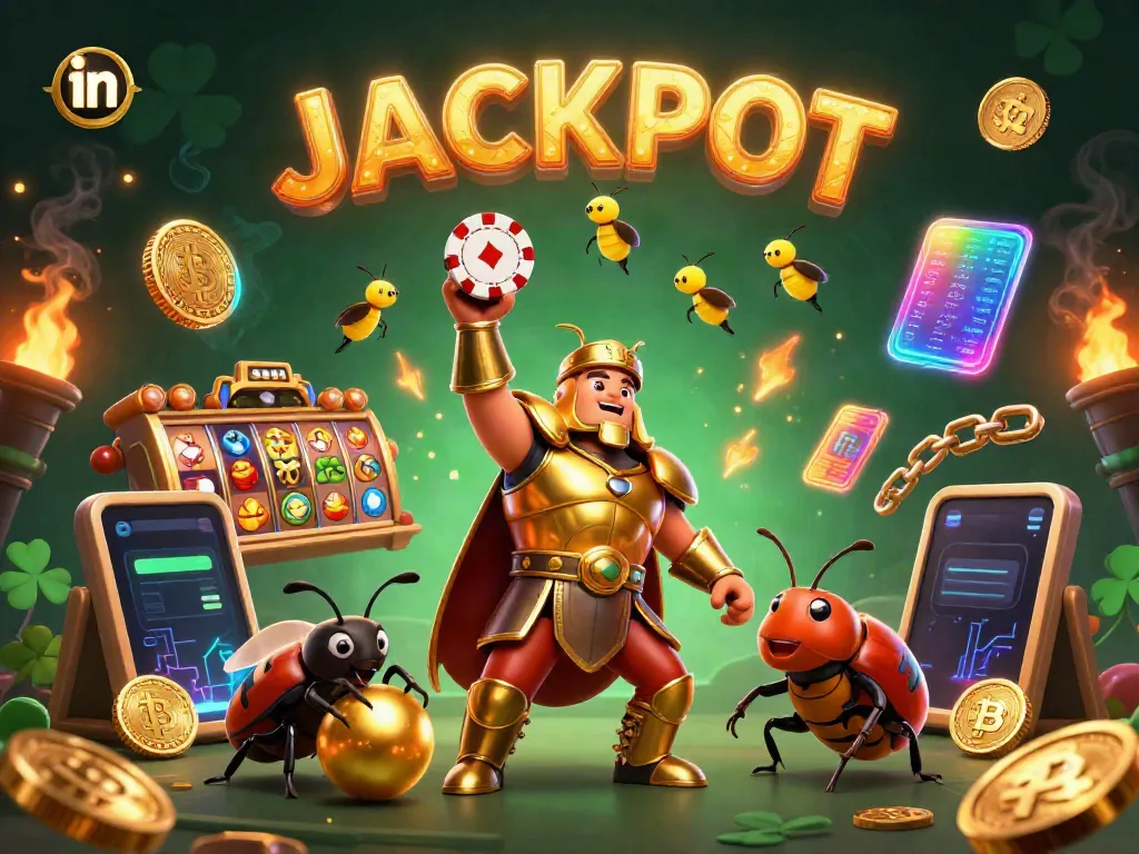 Spin to win at in with a vibrant hercules beetle character lifting a poker chip, surrounded by dynamic slot machine elements.