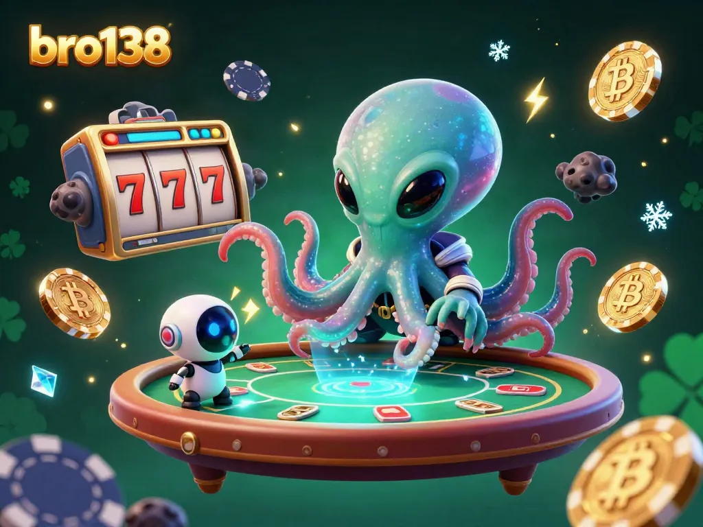 Experience exciting gambling action at bro138 with a vibrant 3D illustration of an alien octopus enjoying futuristic poker.