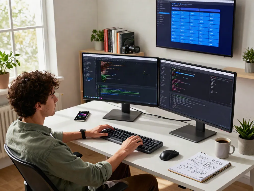 Developer sedang bekerja di ruang kerja modern dengan fokus pada ServerPG dan perangkat teknologi.