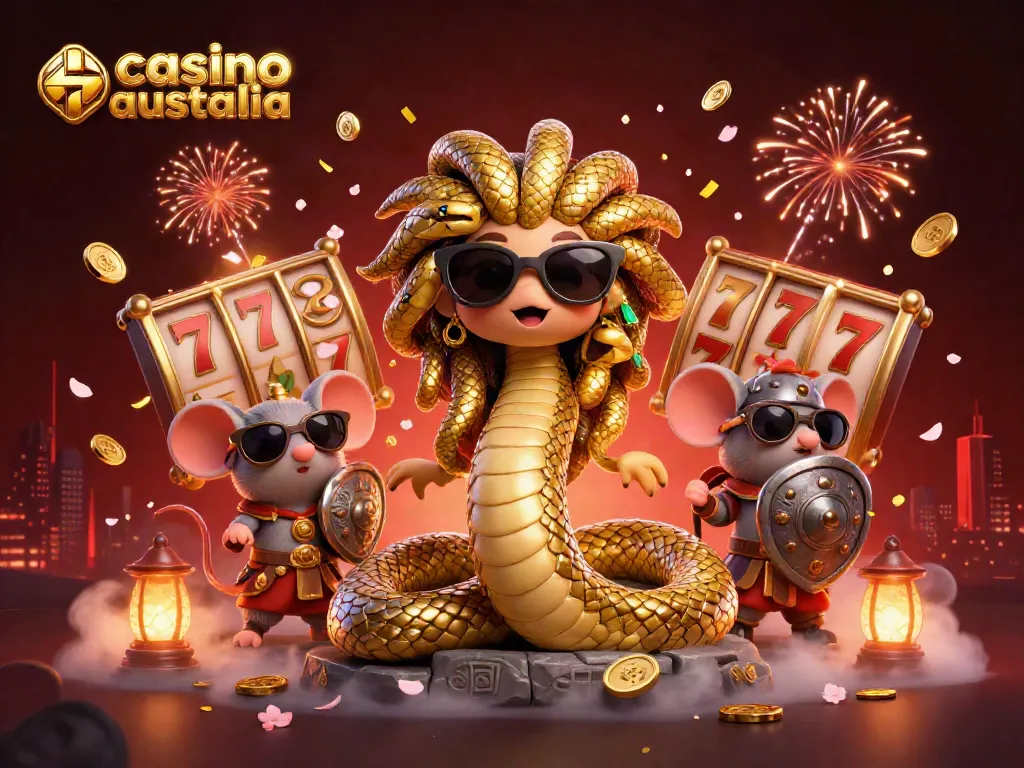 Exciting casino australia scene featuring a friendly Medusa and a warrior mouse, surrounded by dynamic gaming elements.