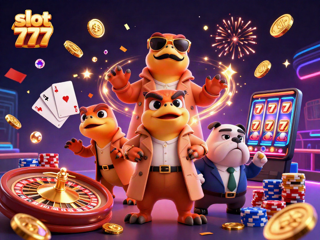 Engage in thrilling gameplay with slot 777, featuring cartoon raptors at a vibrant casino scene.