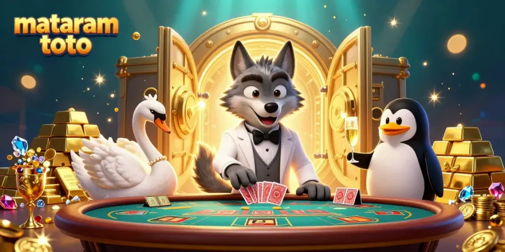 Experience thrilling action with the mataram toto scene showcasing a debonair wolf and elegant swan in a vibrant casino setting.