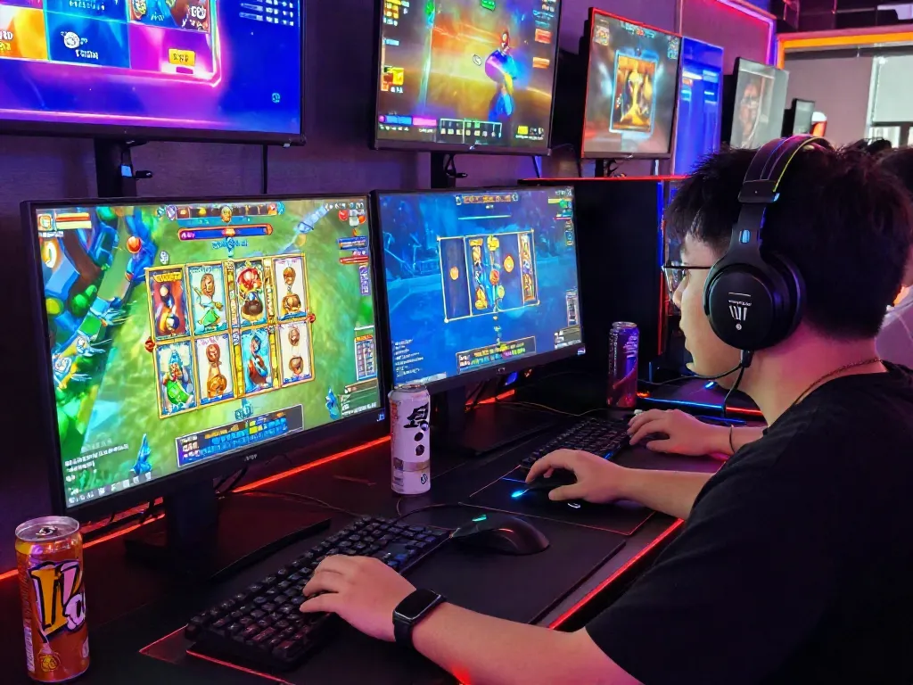 Pengguna dewi19 bermain slot online dengan aksesori gaming dan suasana malam yang ceria.