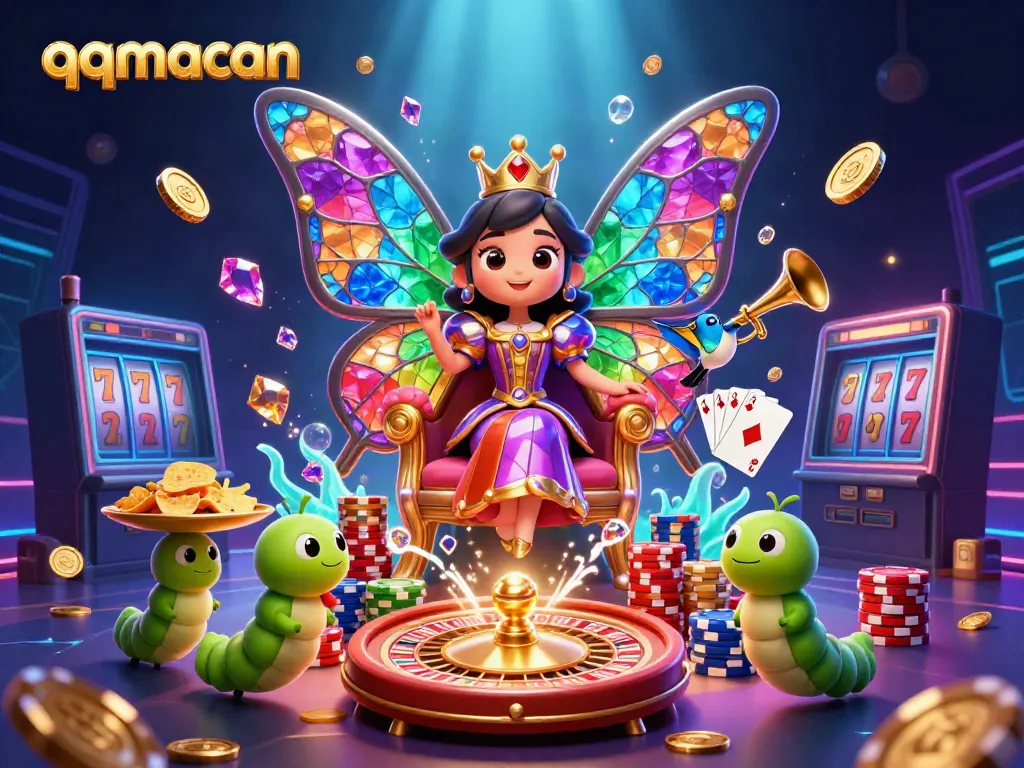 Experience immersive gameplay with qqmacan's vibrant casino scene featuring a butterfly queen and dynamic elements.