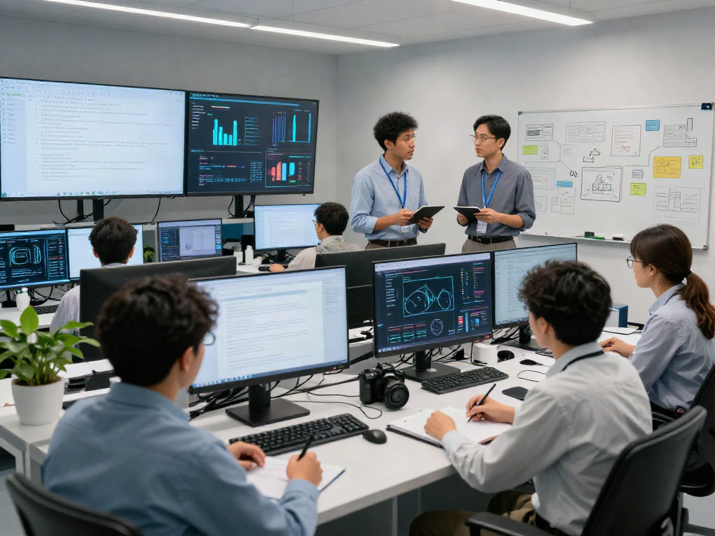 Team discussing AI Detector technology analysis in a modern lab setting with data insights and collaborative environment.