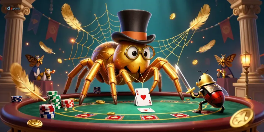 Engage with idn poker while witnessing a dynamic scene of a golden tarantula and beetle knight at a vibrant poker table.