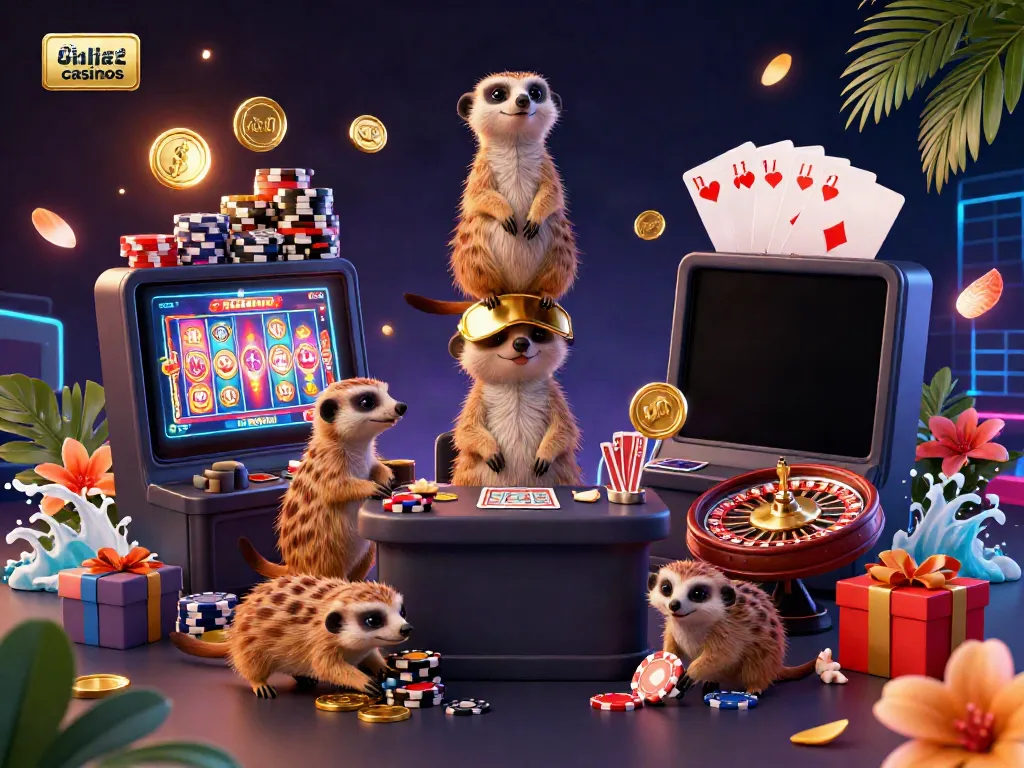 A colony of meerkats running a vibrant casino scene featuring games and chip heists, perfect for australia online casinos enthusiasts.