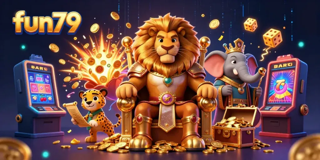 Experience the thrilling excitement of fun79 with a dynamic casino scene featuring a lion king, elephant advisor, and cheetah messenger.