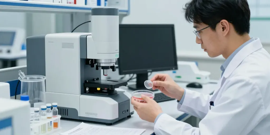 CJC-1295 Ipamorelin blend for sale being analyzed in a professional lab setting with equipment and purity results.