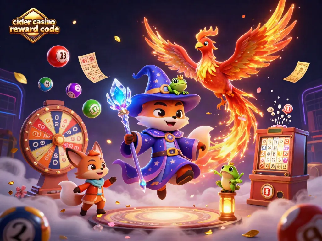Cider Casino reward code promotional illustration showing a wizard fox and phoenix amidst colorful game elements.
