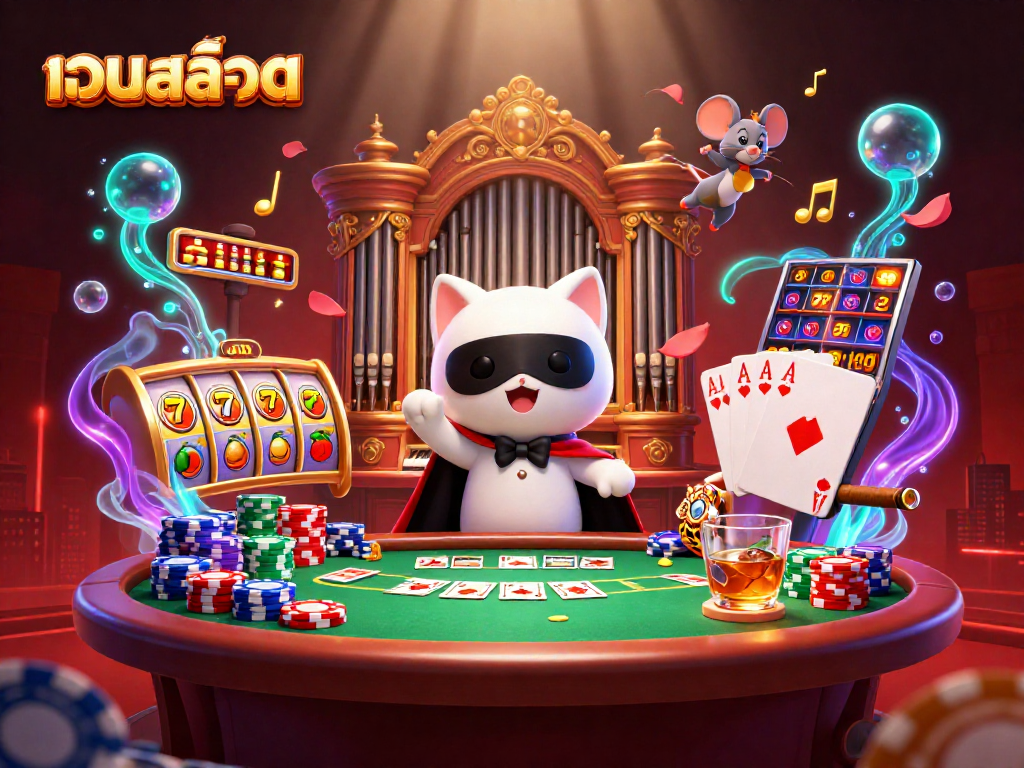 Experience thrilling เว็บสล็อต action with a whimsical cat organist and acrobat in a vibrant casino