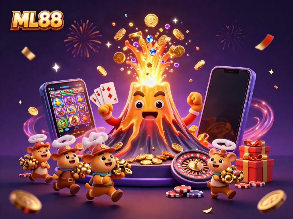 Experience the thrilling ML88 eruption of gold and treasures in a captivating casino scene.