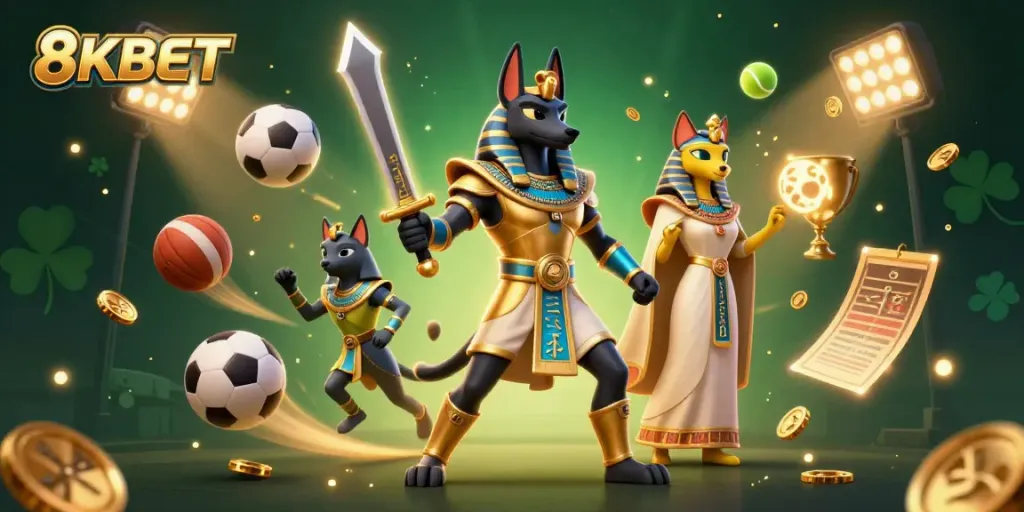 Bet on 8KBET with Anubis and Bastet surrounded by sports elements in a vibrant casino scene.
