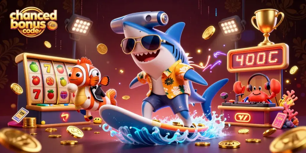 Surfing on a wave of gold coins, the chanced bonus code scene features exciting slot symbols.