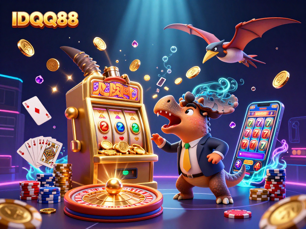Experience the thrill of IDQQ88 as a pachycephalosaurus celebrates a slot jackpot, coins shimmering.