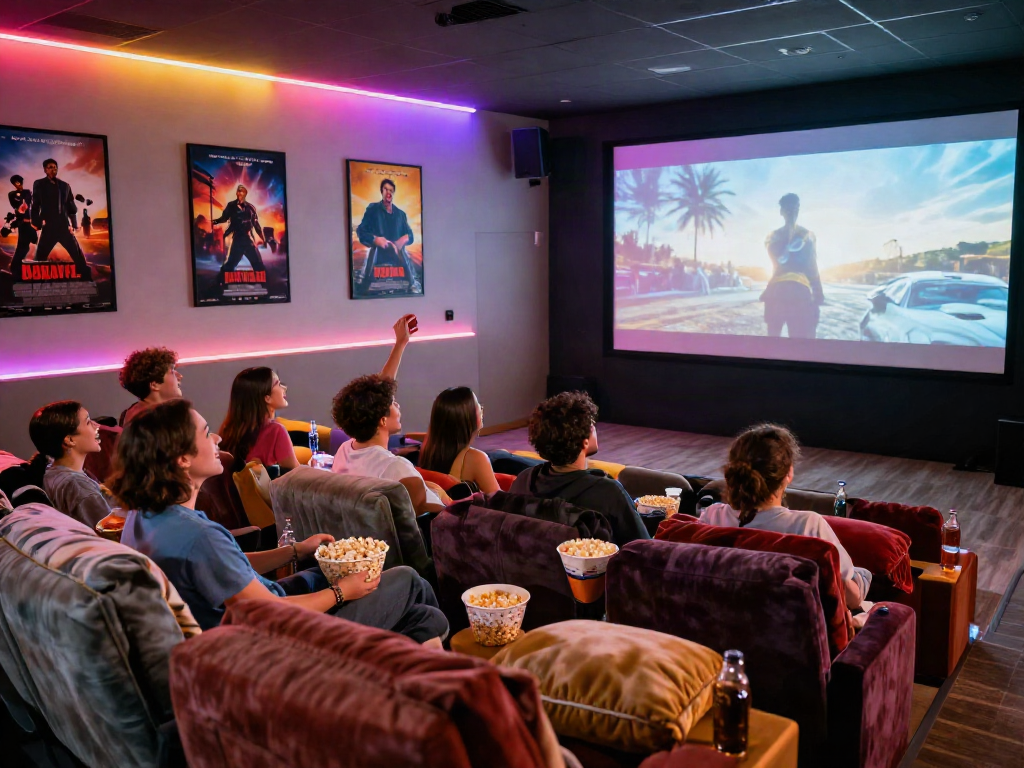 Friends enjoying a moviebox night in a cozy home theater with popcorn and drinks.