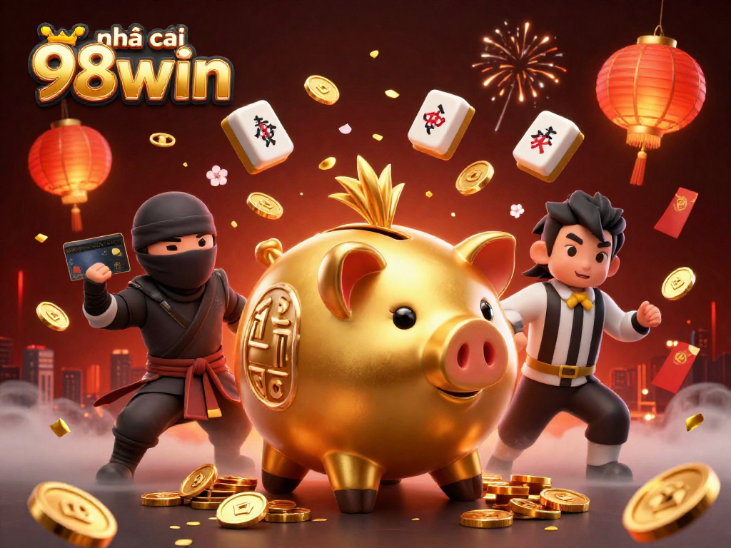 Engage with nhà cái 98win, featuring a golden piggy bank sumo wrestler amidst vibrant casino elements.
