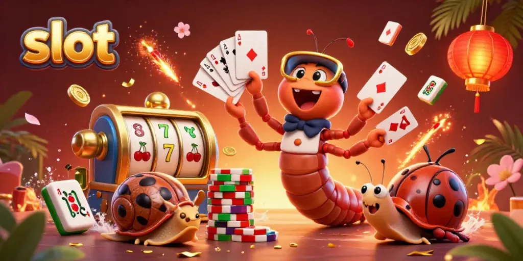 Interact with vibrant slots characters, featuring a millipede dealer and high-roller snail in a lively casino atmosphere.