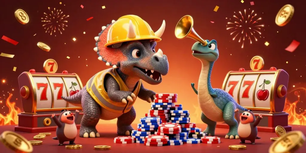 Experience the thrill of TG88 with a triceratops building poker chips amid slot symbols in a vibrant casino celebration.