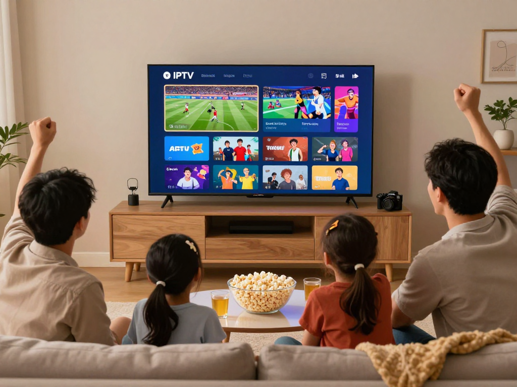 Geniet van een gezinsmoment met hakuna iptv in een moderne woonkamer tijdens een sportevenement.