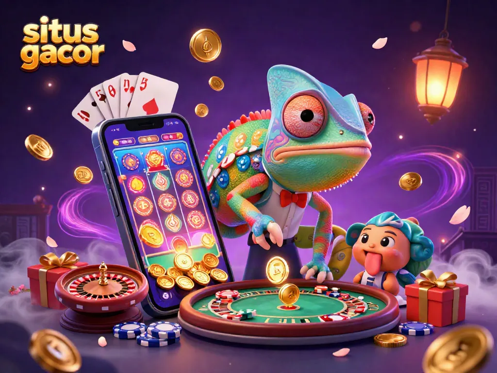 situs gacor animated illustration featuring a chameleon casino owner with colorful poker chips, winning golden coins, and casino games