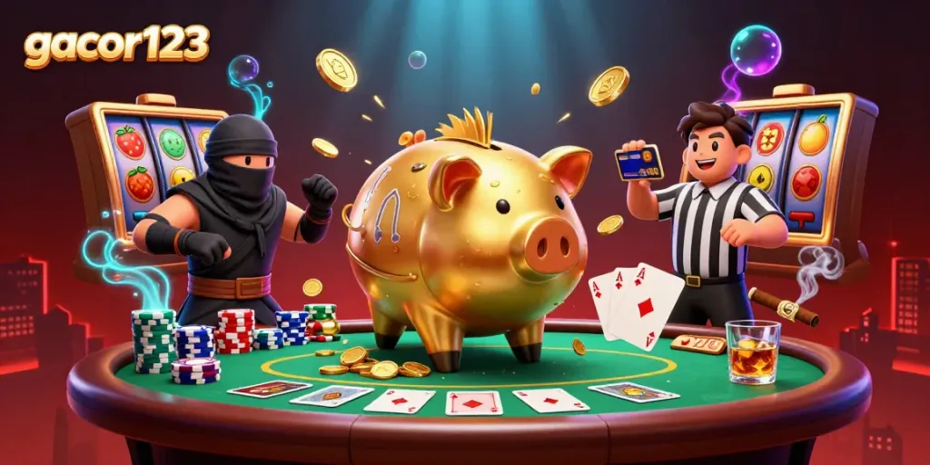 Experience the thrill of gacor123 with a golden piggy bank sumo wrestler surrounded by exciting casino elements.