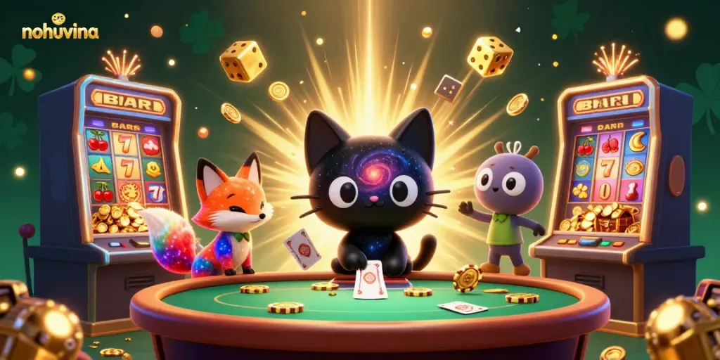 Experience the thrilling world of nohuvina with a cosmic casino scene featuring vibrant characters and striking game elements.