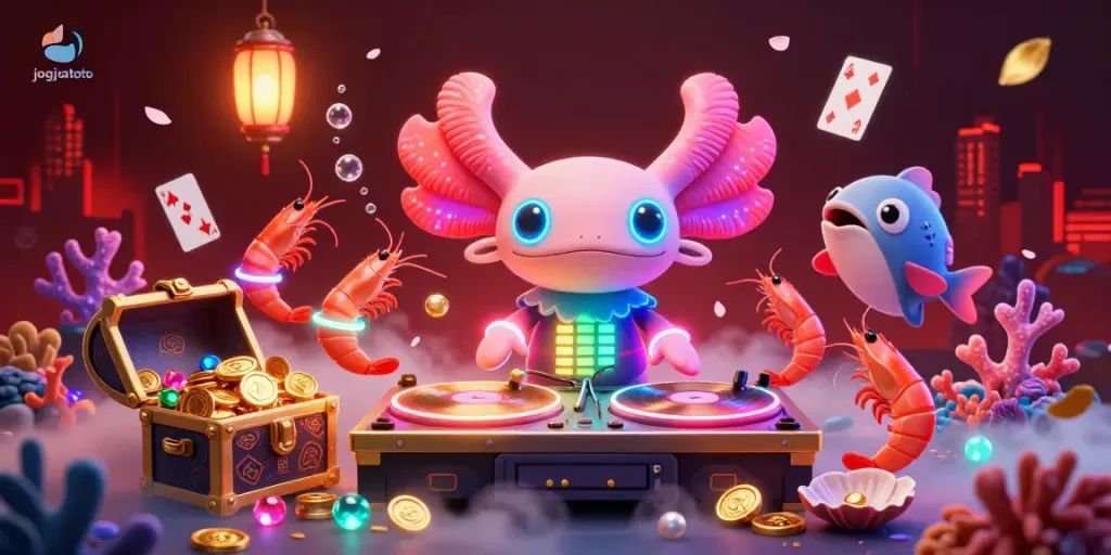 Experience the excitement of jogjatoto with a vibrant lottery night scene, featuring a neon axolotl DJ.