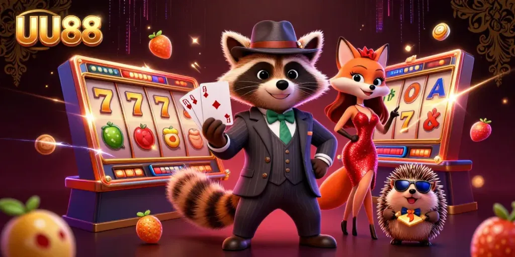 UU88 animation showcases a raccoon and fox celebrating a slot win amid casino excitement.