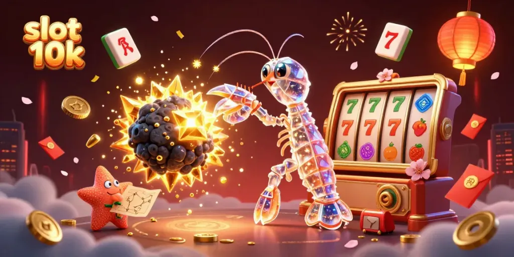Experience slot 10k excitement as a mantis shrimp battles for golden treasures in a vibrant casino scene.