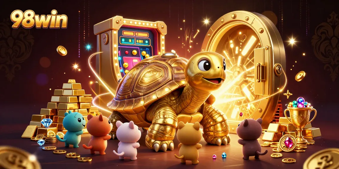 Win big with 98win's vibrant casino adventures featuring golden treasures and fun characters.