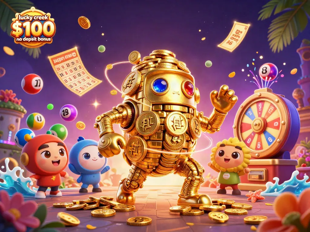 Engage with the lucky creek $100 no deposit bonus while exploring vibrant casino-themed elements and dynamic gaming action.