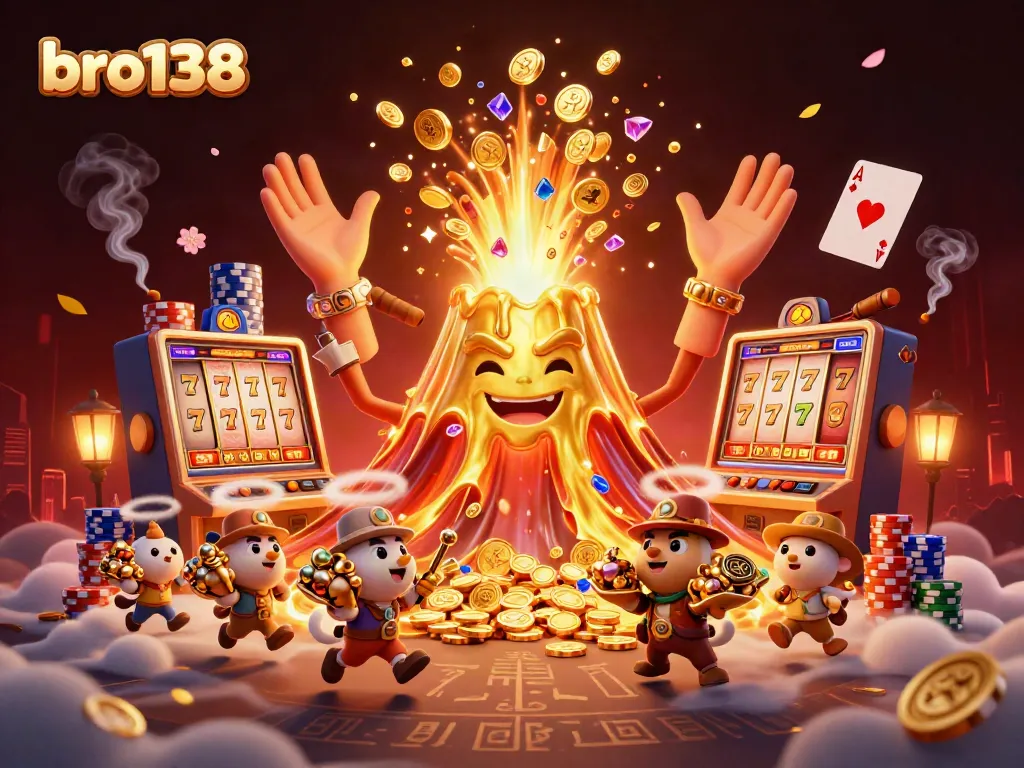 Engage with bro138's exciting slot experience featuring a golden volcano and treasures amidst vibrant casino elements.