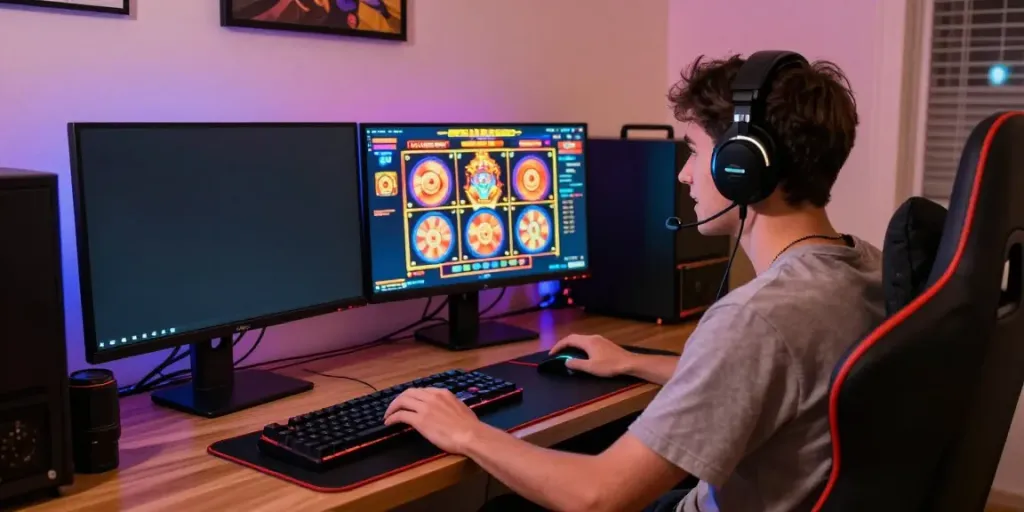 Exciting slot gaming experience with player engaged at computer, colorful graphics and gaming accessories.