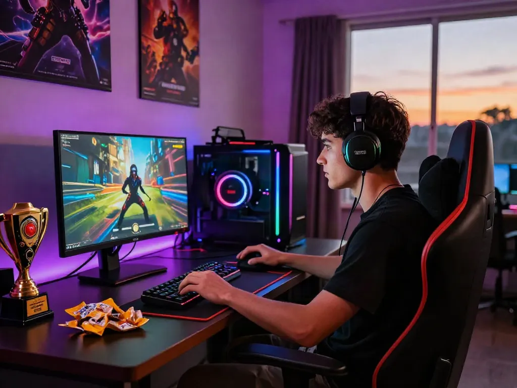 Penggemar kanjengslot tengah asyik bermain game online dengan monitor berwarna cerah dan pencahayaan RGB.